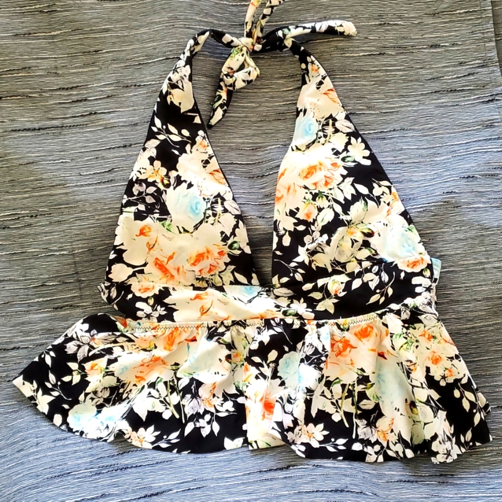 Juniors floral halter bikini top with tie across mid-back